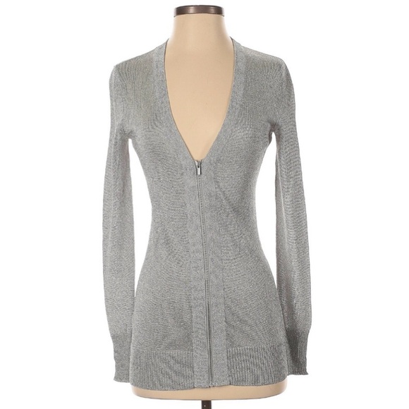 Cache Sweaters - Silver Lurex Zip Up Top with Long Sleeves & Thin Glittery Shimmer Fabric!